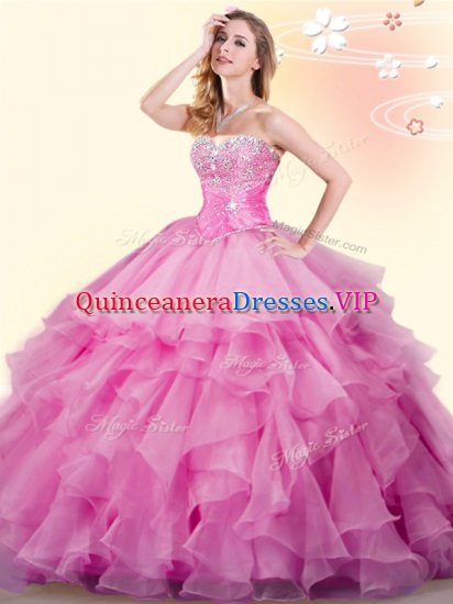 Organza Sweetheart Sleeveless Lace Up Beading and Ruffles Vestidos de Quinceanera in Rose Pink - Click Image to Close