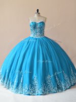 Baby Blue Ball Gowns Tulle Sweetheart Sleeveless Embroidery Floor Length Lace Up Vestidos de Quinceanera