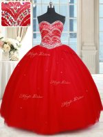 Red Tulle Lace Up Sweetheart Sleeveless Floor Length 15 Quinceanera Dress Beading