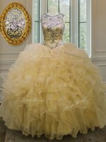 Light Yellow Ball Gowns Scoop Sleeveless Organza Floor Length Lace Up Beading and Ruffles Quinceanera Dresses(SKU PSSW0122-1BIZ)