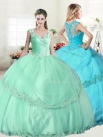 Elegant Straps Apple Green Sleeveless Tulle Lace Up Sweet 16 Quinceanera Dress for Military Ball and Sweet 16 and Quinceanera