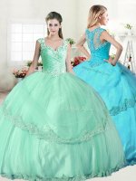 Elegant Straps Apple Green Sleeveless Tulle Lace Up Sweet 16 Quinceanera Dress for Military Ball and Sweet 16 and Quinceanera(SKU YYPJ043BIZ)