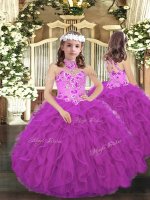 Purple Lace Up Halter Top Embroidery and Ruffles Child Pageant Dress Tulle Sleeveless