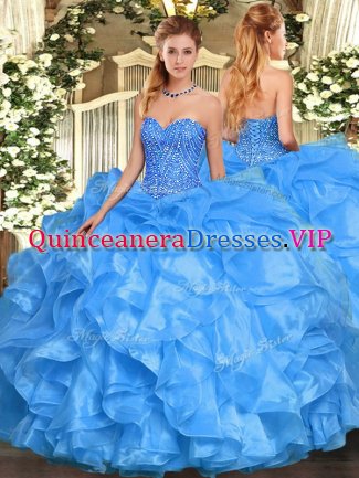Baby Blue Organza Lace Up Sweetheart Sleeveless Floor Length Sweet 16 Dresses Beading and Ruffles