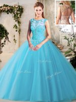 Fashionable Baby Blue Ball Gowns Scoop Sleeveless Tulle Floor Length Lace Up Beading Sweet 16 Dress