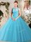 Fashionable Baby Blue Ball Gowns Scoop Sleeveless Tulle Floor Length Lace Up Beading Sweet 16 Dress