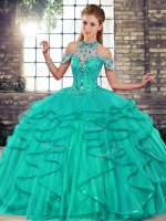 Romantic Sleeveless Tulle Floor Length Lace Up Quinceanera Dress in Turquoise with Beading and Ruffles