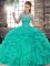 Romantic Sleeveless Tulle Floor Length Lace Up Quinceanera Dress in Turquoise with Beading and Ruffles