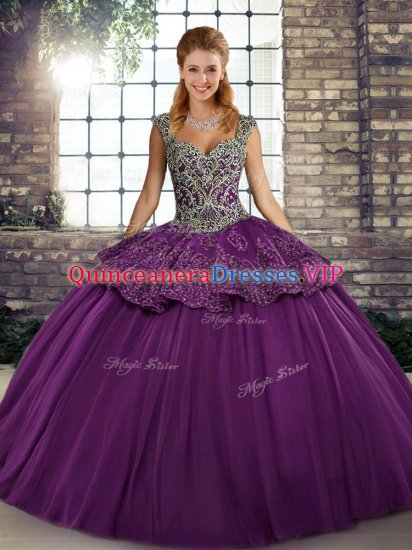 Clearance Purple Lace Up Straps Beading and Appliques Vestidos de Quinceanera Tulle Sleeveless - Click Image to Close