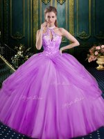 Lilac Halter Top Lace Up Beading and Pick Ups Quince Ball Gowns Sleeveless