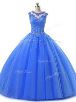 Blue Scoop Neckline Beading and Lace Quinceanera Gown Sleeveless Lace Up