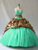 Romantic Turquoise Lace Up V-neck Beading and Pick Ups Sweet 16 Dress Organza Sleeveless Brush Train(SKU PSSW1051-7BIZ)
