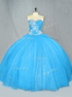 Wonderful Blue Sleeveless Beading Floor Length 15 Quinceanera Dress