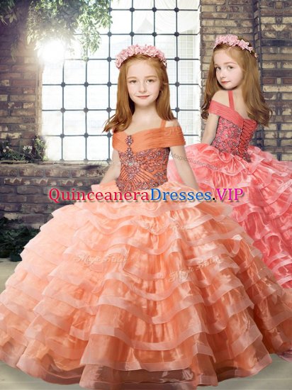 Dramatic Orange Straps Neckline Beading and Ruffled Layers Pageant Dresses Long Sleeves Lace Up - Click Image to Close