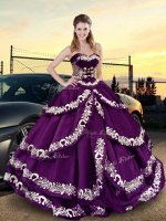 Noble Sleeveless Satin Floor Length Lace Up Vestidos de Quinceanera in Purple with Embroidery and Ruffled Layers
