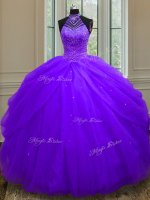 Purple Lace Up Halter Top Beading and Sequins Quinceanera Dress Tulle Sleeveless