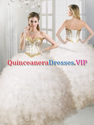 Designer White Sleeveless Organza Lace Up Quinceanera Dresses for Military Ball and Sweet 16 and Quinceanera