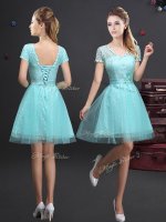 Enchanting Aqua Blue Tulle Lace Up Damas Dress Short Sleeves Mini Length Lace and Appliques and Belt(SKU BMT0206ABIZ)