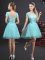Enchanting Aqua Blue Tulle Lace Up Damas Dress Short Sleeves Mini Length Lace and Appliques and Belt