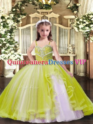 Floor Length Yellow Green Girls Pageant Dresses Straps Sleeveless Lace Up