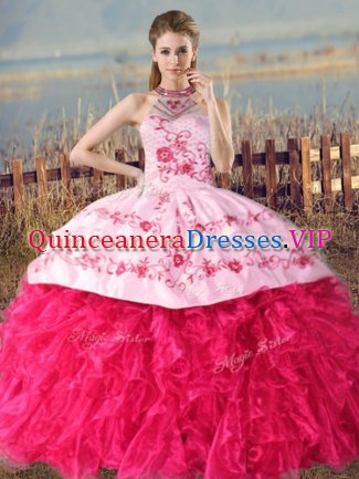 Hot Pink Quinceanera Dress Sweet 16 and Quinceanera with Embroidery and Ruffles Halter Top Sleeveless Court Train Lace Up