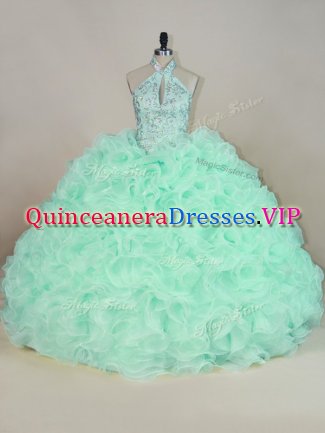 Smart Apple Green Ball Gowns Beading and Ruffles Quinceanera Gowns Lace Up Fabric With Rolling Flowers Sleeveless
