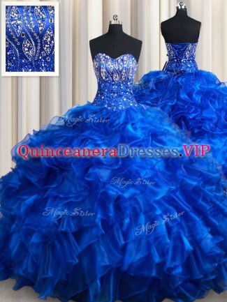Royal Blue Sweetheart Lace Up Beading and Ruffles Vestidos de Quinceanera Brush Train Sleeveless
