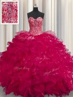 See Through Coral Red Ball Gowns Organza Sweetheart Sleeveless Beading and Ruffles Floor Length Lace Up Quinceanera Gown