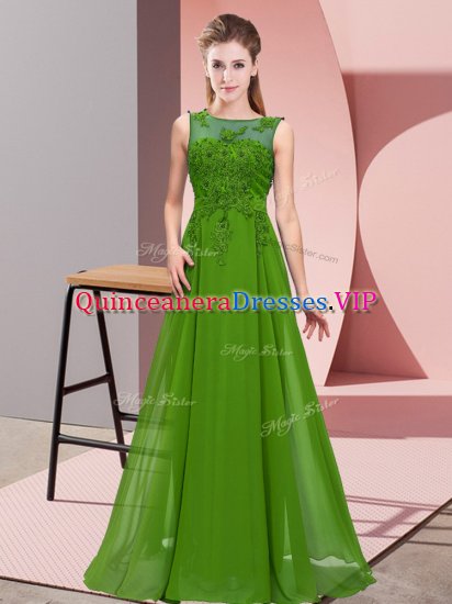 Floor Length Green Quinceanera Court Dresses Chiffon Sleeveless Beading and Appliques - Click Image to Close