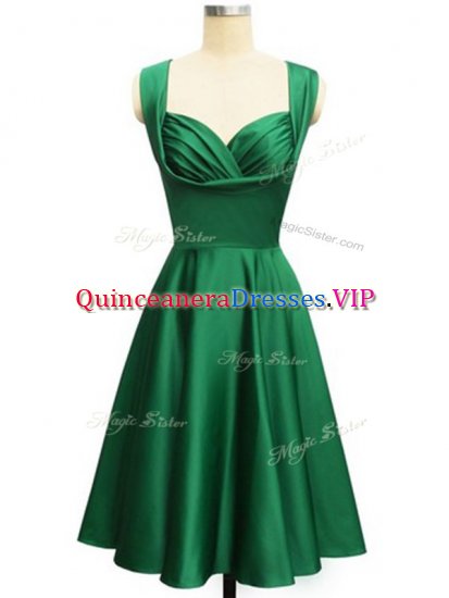 Green Taffeta Lace Up Straps Sleeveless Knee Length Damas Dress Ruching - Click Image to Close