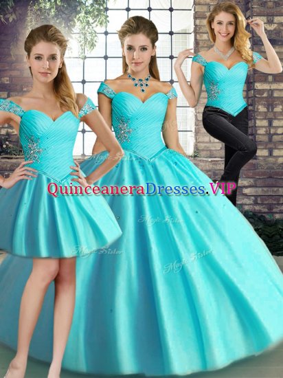 Gorgeous Tulle Off The Shoulder Sleeveless Lace Up Beading Sweet 16 Quinceanera Dress in Aqua Blue - Click Image to Close