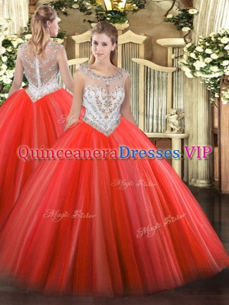 Glittering Coral Red Sleeveless Beading Floor Length Military Ball Gowns