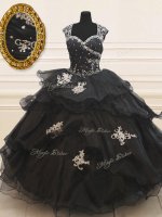 Cap Sleeves Floor Length Zipper Quinceanera Dresses Black for Military Ball and Sweet 16 and Quinceanera with Beading and Appliques and Ruffles