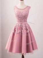 Sleeveless Tulle Knee Length Lace Up Dama Dress in Pink with Lace