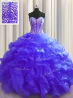 Stunning Visible Boning Floor Length Lace Up Quinceanera Gowns Purple for Military Ball and Sweet 16 and Quinceanera with Beading and Ruffles