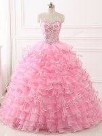Baby Pink Organza Lace Up Sweetheart Sleeveless Quinceanera Dress Sweep Train Beading and Ruffled Layers(SKU SWQD177BIZ)