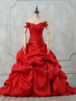 Colorful Red Lace Up Quinceanera Gowns Pick Ups and Hand Made Flower Sleeveless Court Train