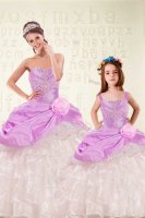 Edgy Lilac Organza and Taffeta Lace Up Sweetheart Sleeveless Floor Length Quinceanera Dresses Beading and Ruffled Layers and Hand Made Flower