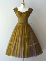 Olive Green A-line V-neck Cap Sleeves Chiffon Knee Length Lace Up Ruching Quinceanera Court Dresses