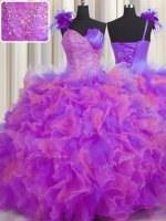 Sexy One Shoulder Handcrafted Flower Multi-color Ball Gowns Beading and Ruffles and Hand Made Flower Military Ball Dresses For Women Lace Up Tulle Sleeveless Floor Length
