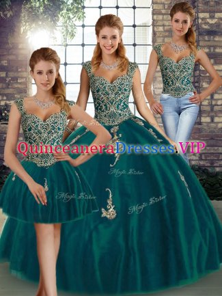 Sleeveless Tulle Floor Length Lace Up Quinceanera Dresses in Peacock Green with Beading and Appliques