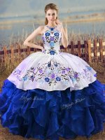 Halter Top Sleeveless Lace Up Ball Gown Prom Dress Blue And White Organza