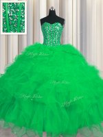 Visible Boning Green Tulle Lace Up Sweet 16 Dress Sleeveless Floor Length Beading and Ruffles and Sequins
