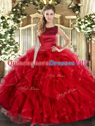 Charming Floor Length Red Quinceanera Gown Tulle Sleeveless Ruffles