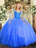Affordable Blue Ball Gowns Scoop Long Sleeves Tulle Floor Length Lace Up Lace Vestidos de Quinceanera