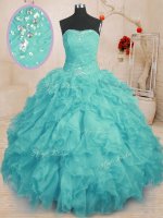 Wonderful Aqua Blue Strapless Neckline Beading and Ruffles Ball Gown Prom Dress Sleeveless Lace Up