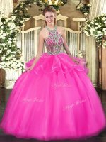 Customized Hot Pink Halter Top Lace Up Beading and Ruffles Vestidos de Quinceanera Sleeveless