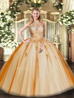 Orange Red Sweet 16 Dress Military Ball and Sweet 16 and Quinceanera with Lace and Appliques Halter Top Sleeveless Lace Up(SKU SJQDDT1260002-2BIZ)