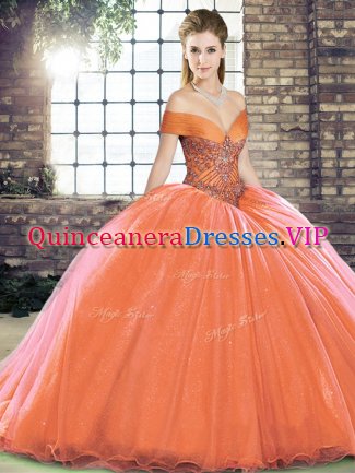 Shining Off The Shoulder Sleeveless Brush Train Lace Up Ball Gown Prom Dress Orange Red Organza