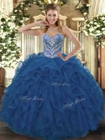 Blue 15 Quinceanera Dress Military Ball and Sweet 16 and Quinceanera with Beading and Ruffled Layers Sweetheart Sleeveless Lace Up